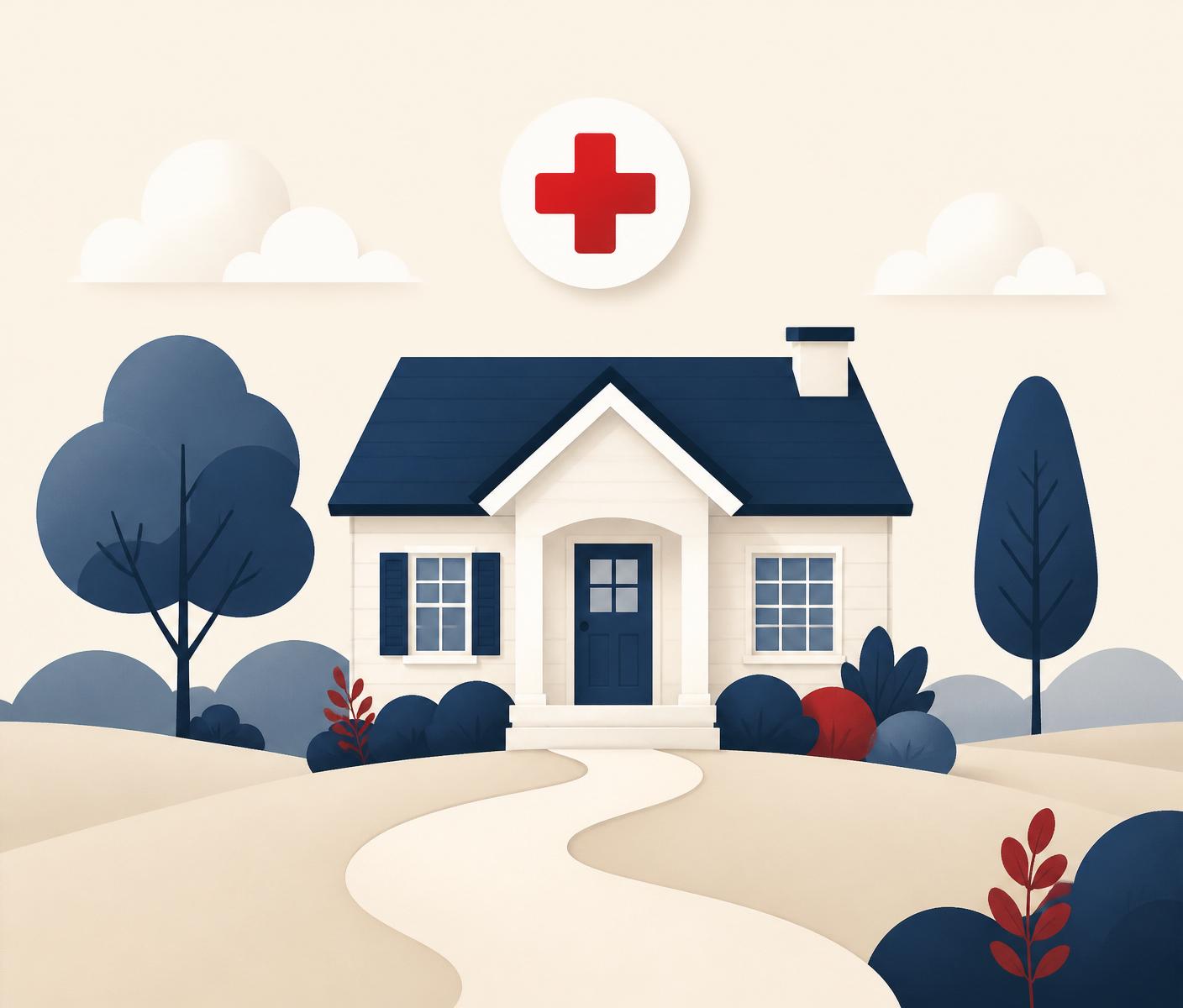Illustration of a house with a medical cross representing in-home visits